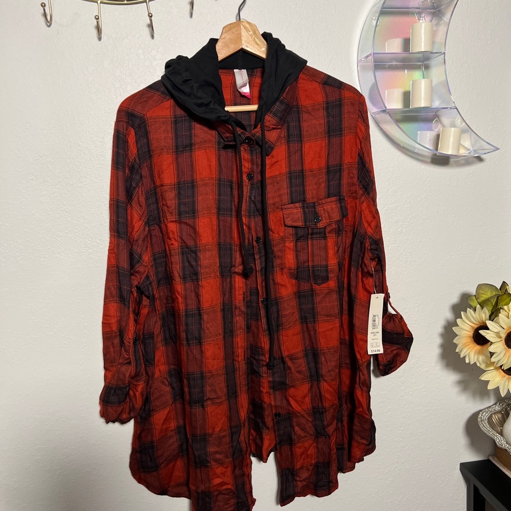 Red and Black Plaid Hooded Shirt